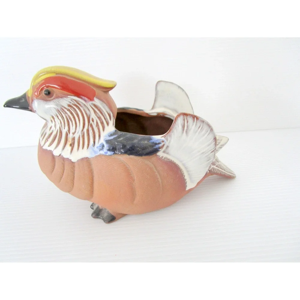 Neiman Marcus Hand Painted Glazed Clay Mandarin Duck Planter Japan Vintage Wings